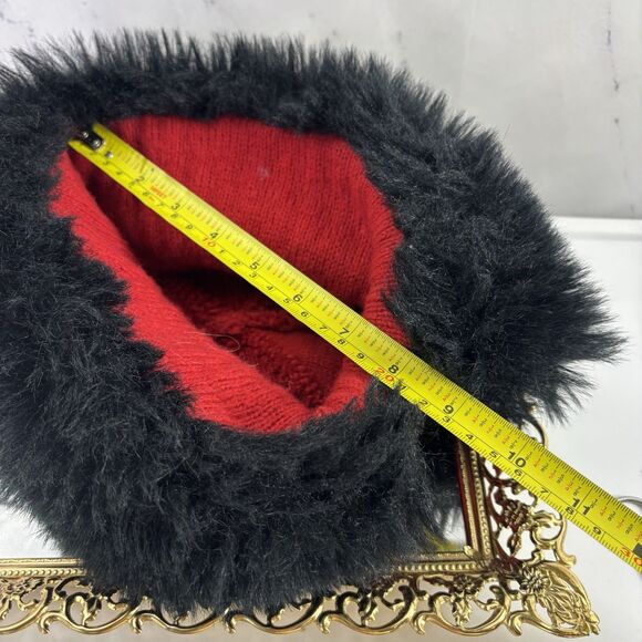 Vintage 70s Knit Russian Hat Women's Nordic Winter Beanie Red Black Faux Fur - Picture 4 of 13